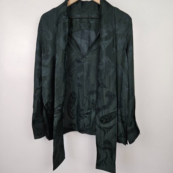 COS Jacquard Bow Back Silky‎ Blouse Sz 4 Dark Green Shirt Relaxed Long Sleeve - Picture 9 of 13